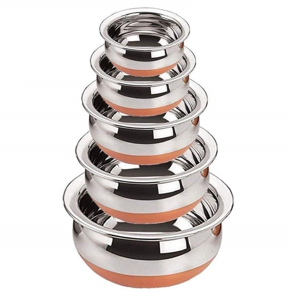 Kc Stainless Steel Copper Bottom Kitchen Serving, Cooking Bowl | Handi Set 5-Pieces | Biryani Handi