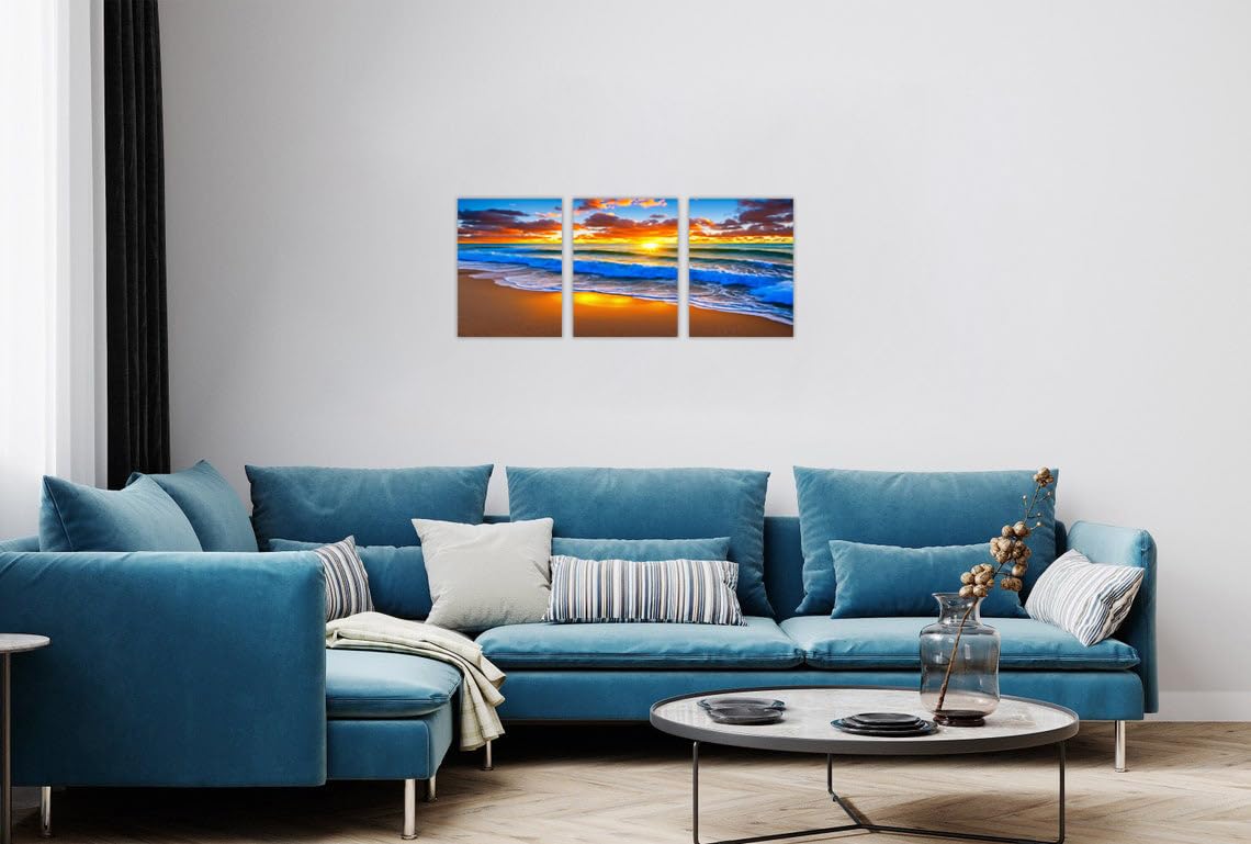 Tutubeer 3 Pcs Ocean Wall Art - Beach Sunrise Picture Print On Canvas - Stretched And Framed 12 X 16 X 3