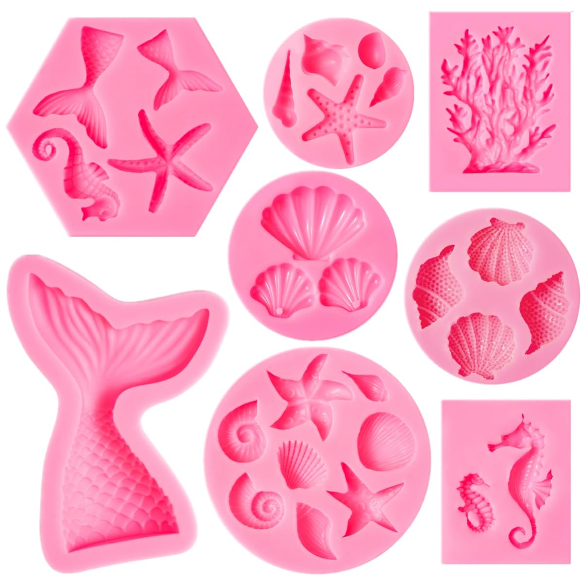 Elfkitwang Marine Theme Fondant Silicone Mold,Seashell,Conch, Mermaid Tail,Seahorse,Starfish,Coral, Diy Handmade Baking Tools Fo