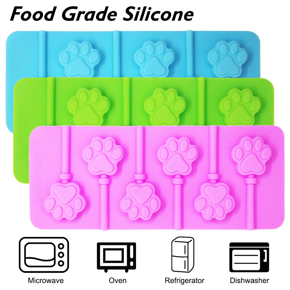 3 Pcs 6-Cavity Paw Lollipop Molds,Sonku Silicone Paw Mold Chocolate Hard Candy Jelly Fondant Mold With 18 Pcs Sucker Sticks-Pink