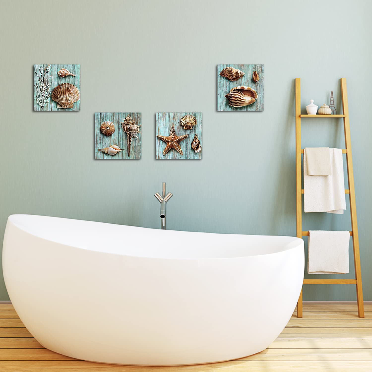 Rustic Seashell Wall Art Beach Decor Coastal Teal Blue Conch Shell Canvas Prints Farmhouse Ocean Wall Decor Nautical Beachy Star