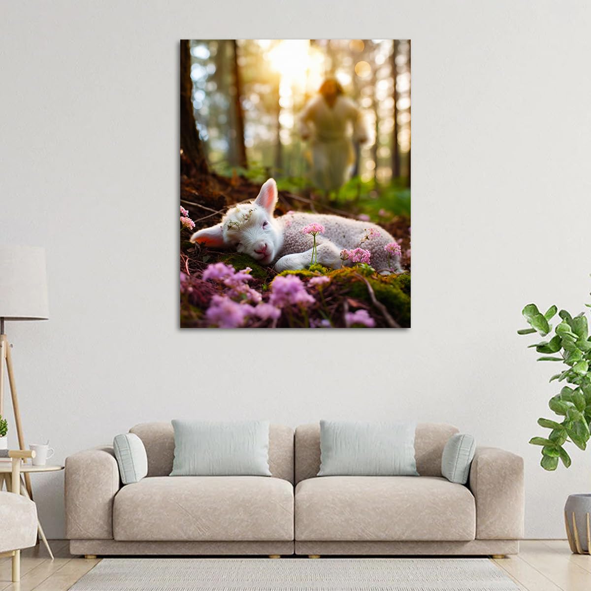 Jesus And Lamb Canvas Wall Art Jesus Runs For The Lost Sheep In Spring Forest Picture Wall Art Canvas Print Christian Home Decor