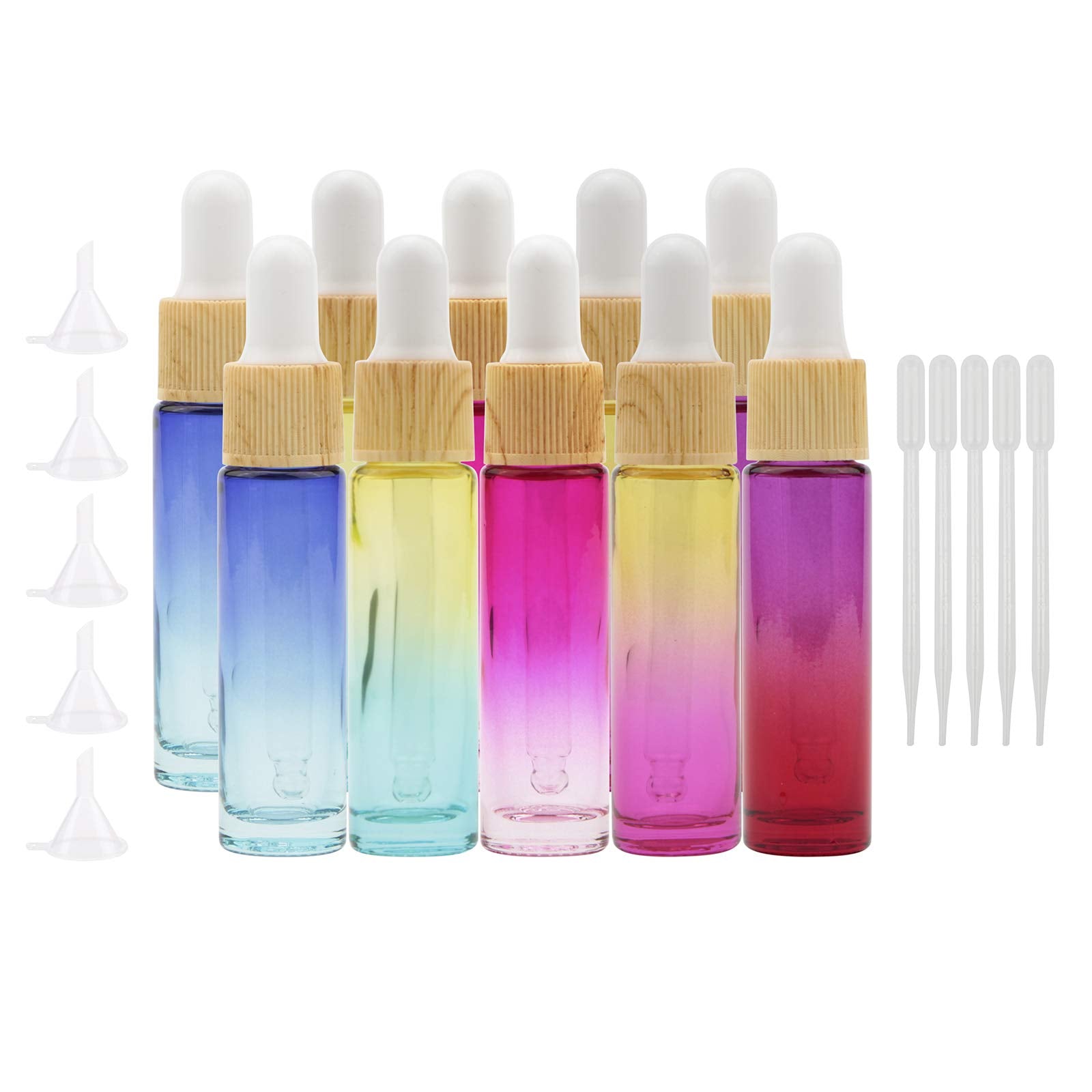 Kesell 10Pcs Dropper Bottles 10ml (1/3 oz) Color Gradient Glass Dropper Bottle with 5ml Transfer Droppers and Funnels Essential 