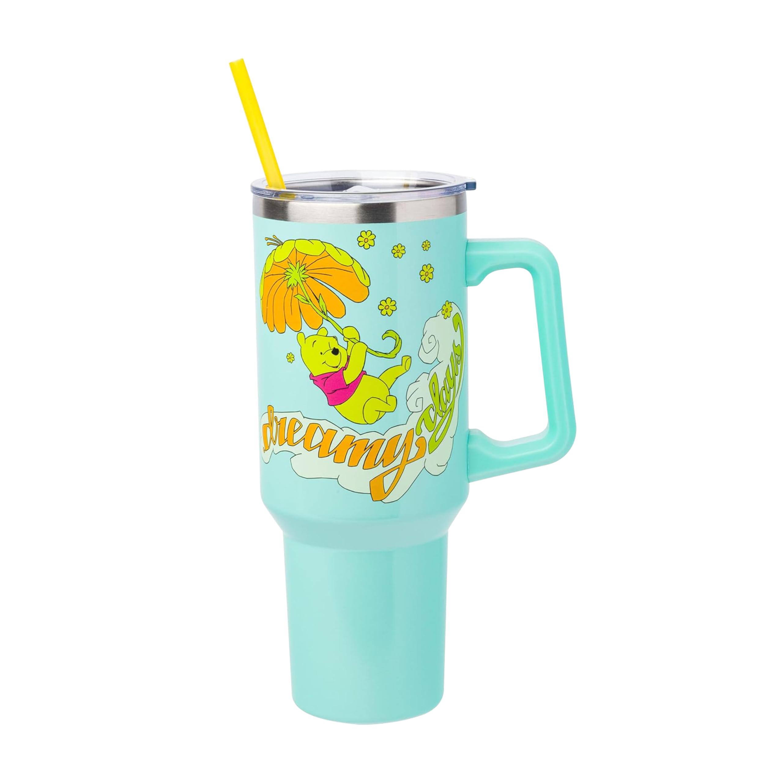 Silver Buffalo Disney Winnie the Pooh Dreamy Days    Retro Art Stainless Steel Tumbler with Handle and Straw, Fits in Standard C