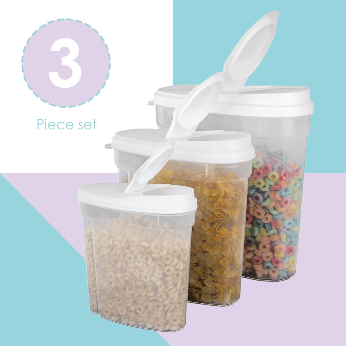 Home Basics 3-Piece Cereal Food Storage Container, White Lids