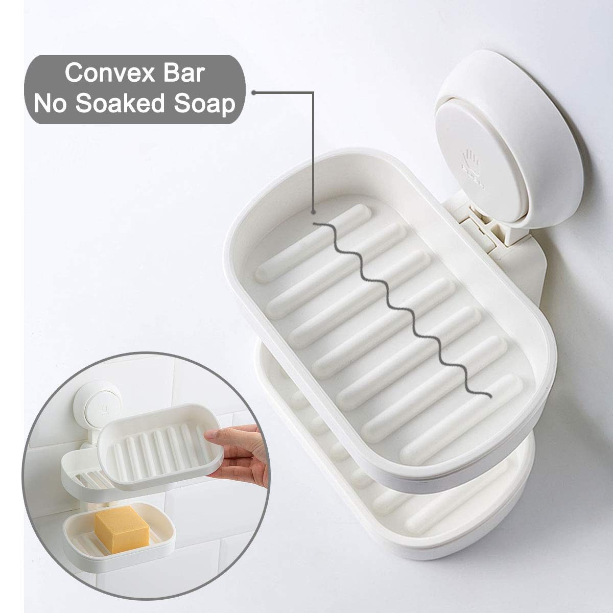Sunhorde Double Layer Soap Dish Suction Cup Soap Holder For Shower, Powerful Soap Bar Case For Bathroom, Drill-Free, Drainage De