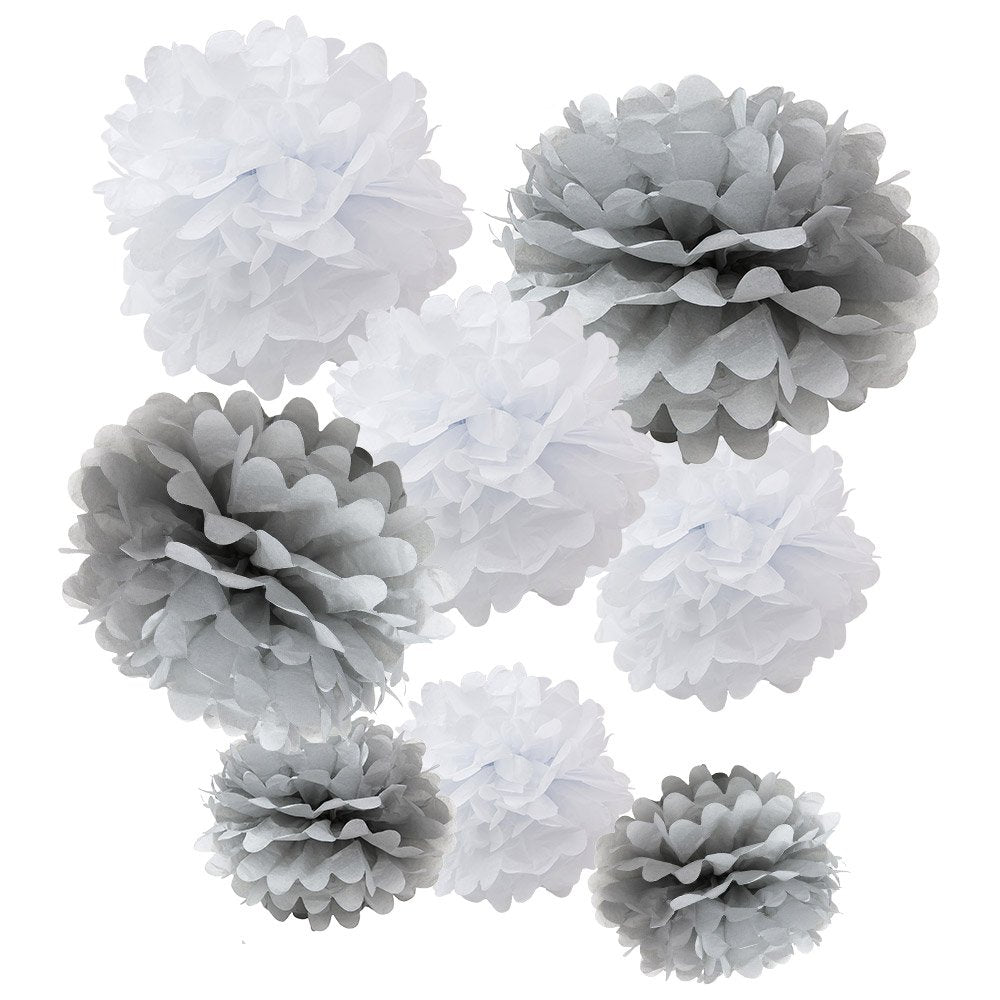 Wyzworks Set Of 8 (Assorted White / Grey Pack) 8'' 12'' 14'' Diy Tissue Pom Poms Flower Party Decorations For Weddings, Birthday