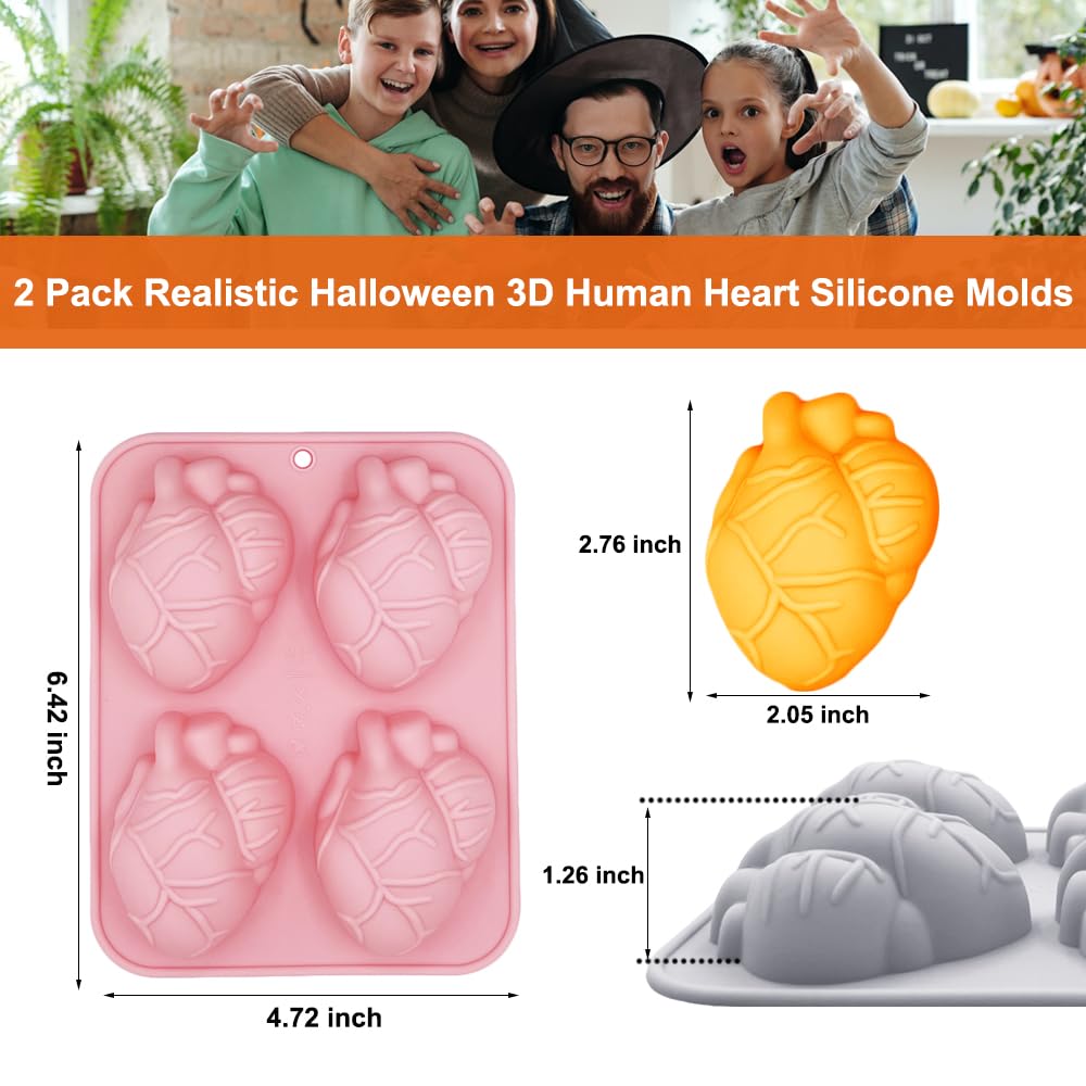 3D Human Heart Silicone Molds, 2 Pack Realistic Halloween Organ Shapes Silicone Muffin Molds For Chocolate Pudding Dessert Jelly