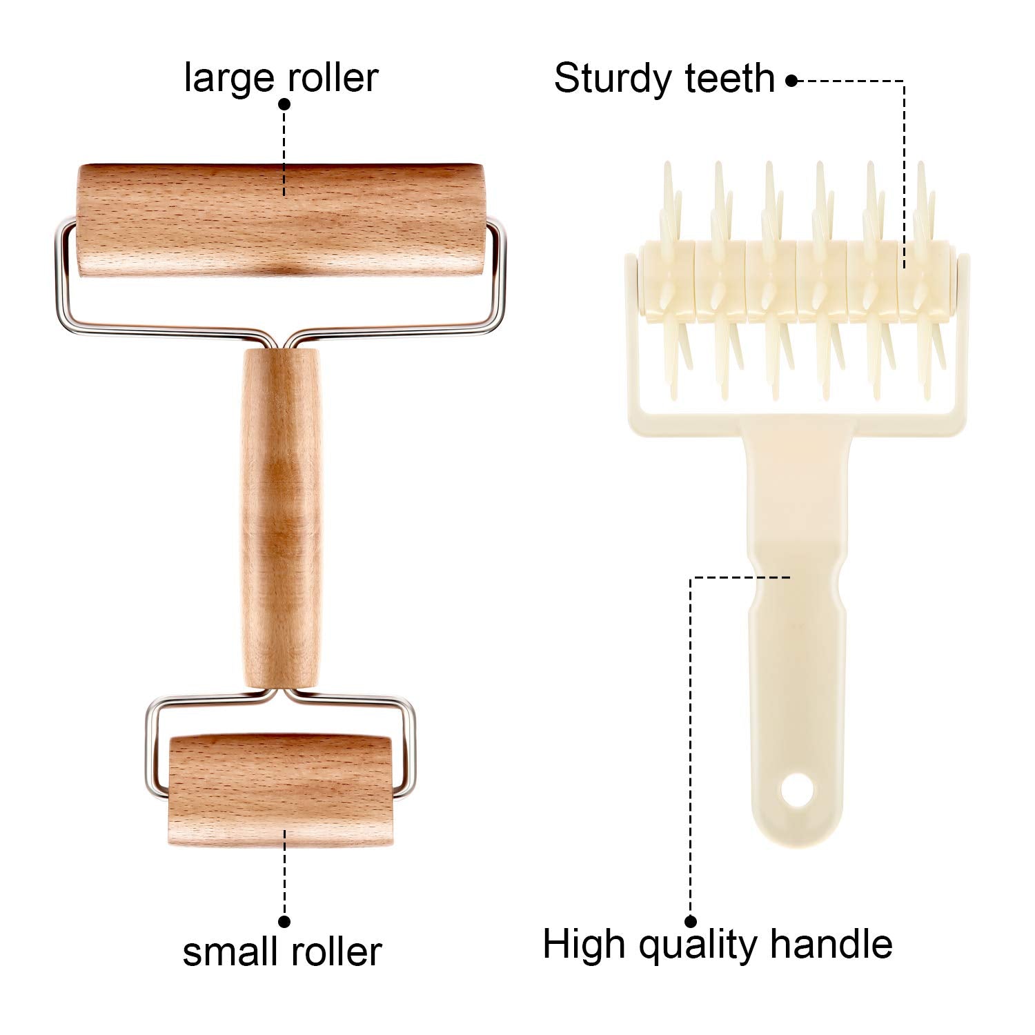 2 Pcs Pizza Dough Roller & Dough Docker Set, Plastic Dough Docker Pastry Roller With Spikes Wooden Rolling Pin, Non-Stick Pizza