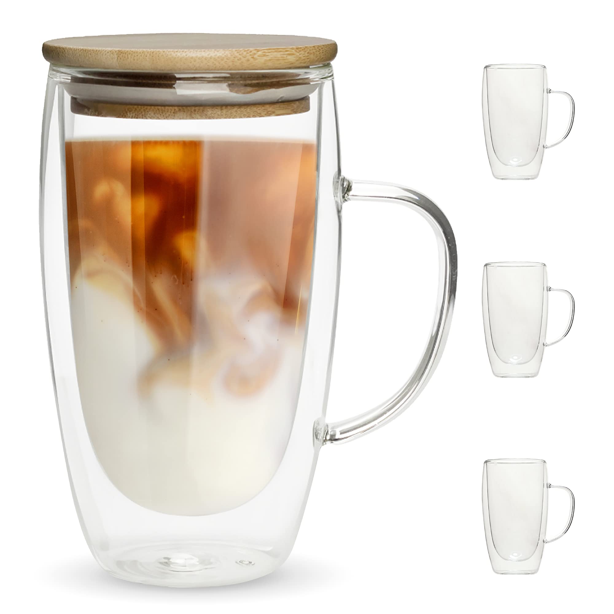 Chef'S Unique Double Wall Glass Coffee Mugs 16 Oz - Insulated Coffee Mugs With Lid, Clear Glass Cups For Coffee Tea Latte Cappuc