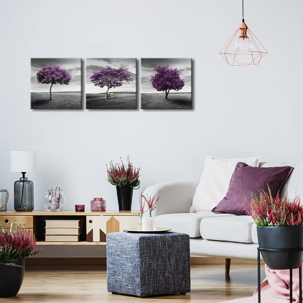 Pyradecor 3 Piece PURPLE TREES CANVAS PRINTS WALL ART Fall Forest Pictures Paintings for Living Room Bedroom Home Office Decorations Modern Stretched and Framed Landscape Giclee Artwork