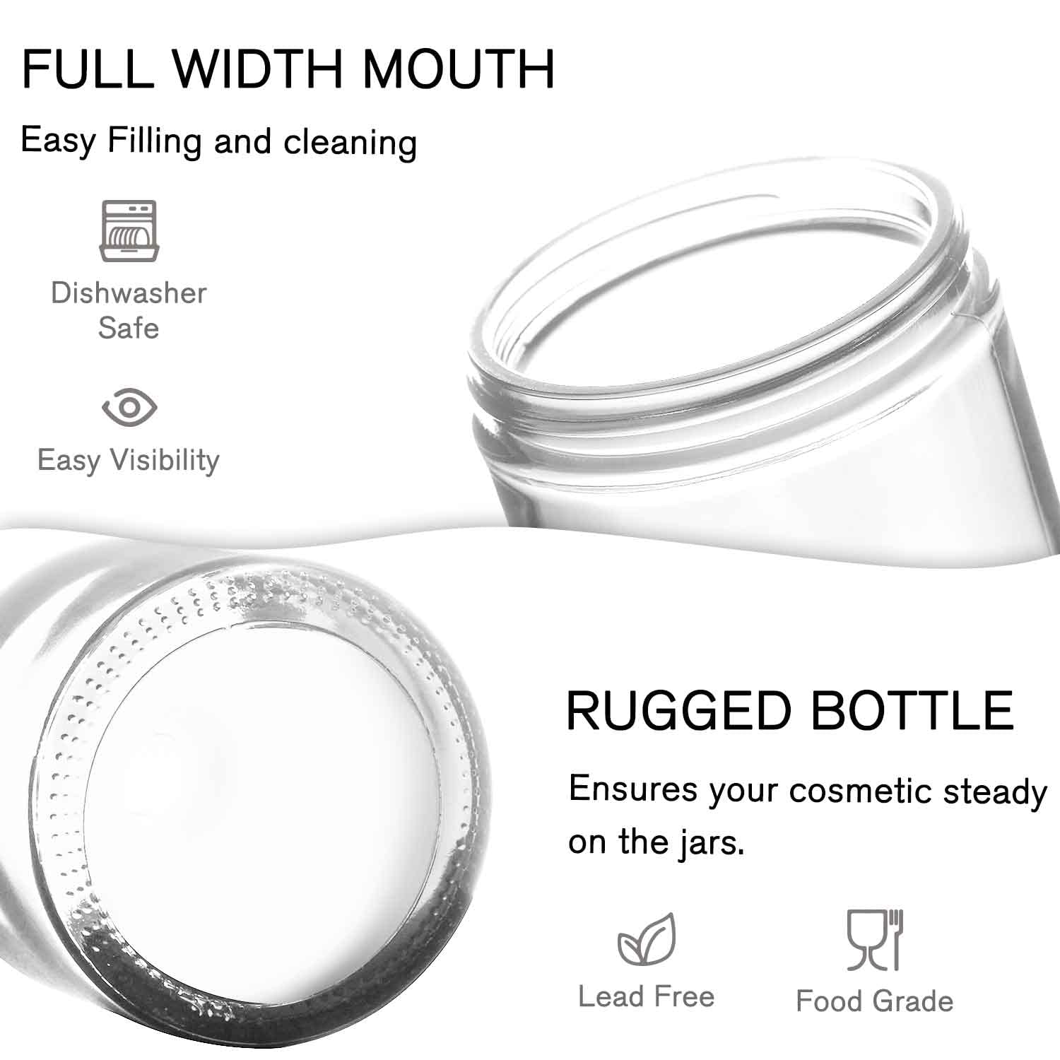 2 Oz Glass Jars, Bumobum 48 Pack Clear Cream Jars With Black Lids, White Labels & Inner Liners, Empty Round Clear Cosmetic Conta