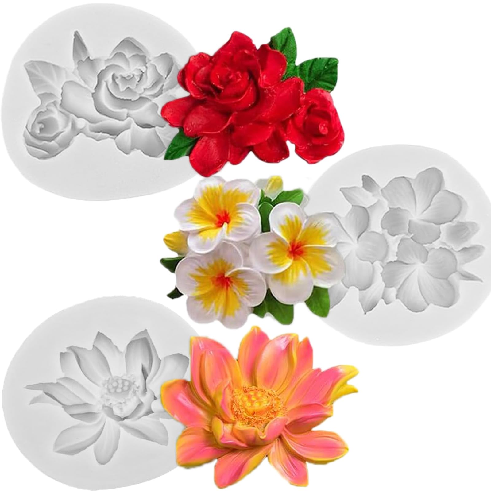 3 Pcs Flower Silicone Molds, Hibiscus Plumeria Rose Flower Fondant Silicone Molds,For Sugarcraft, Cupcake Toppers, Soap, Polymer