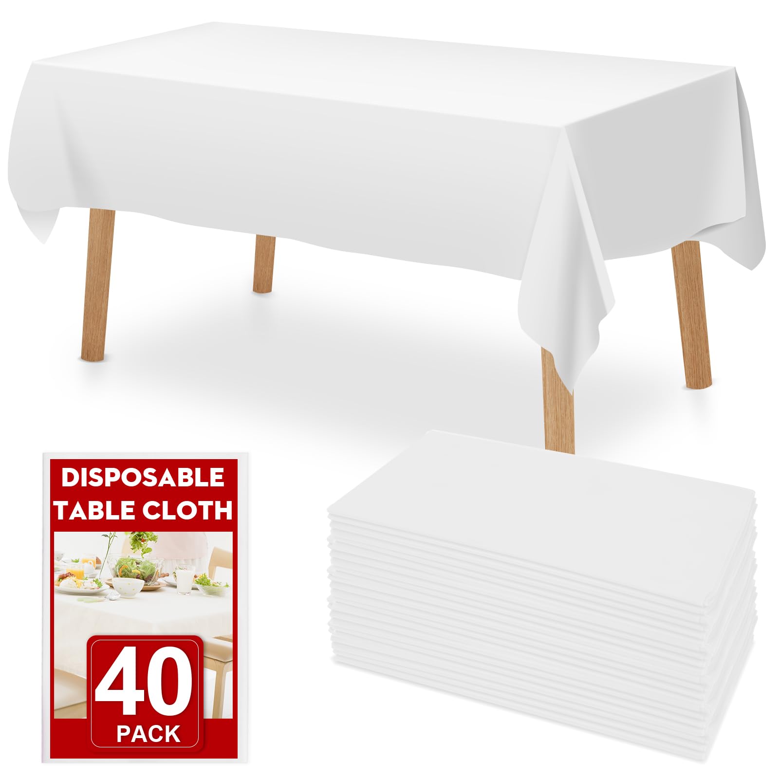 RowinsyDD 40 Pack White Plastic Table Cloths Disposable, 54 x 108 Inches Plastic Table Cover for Rectangle Tables, Disposable Ta