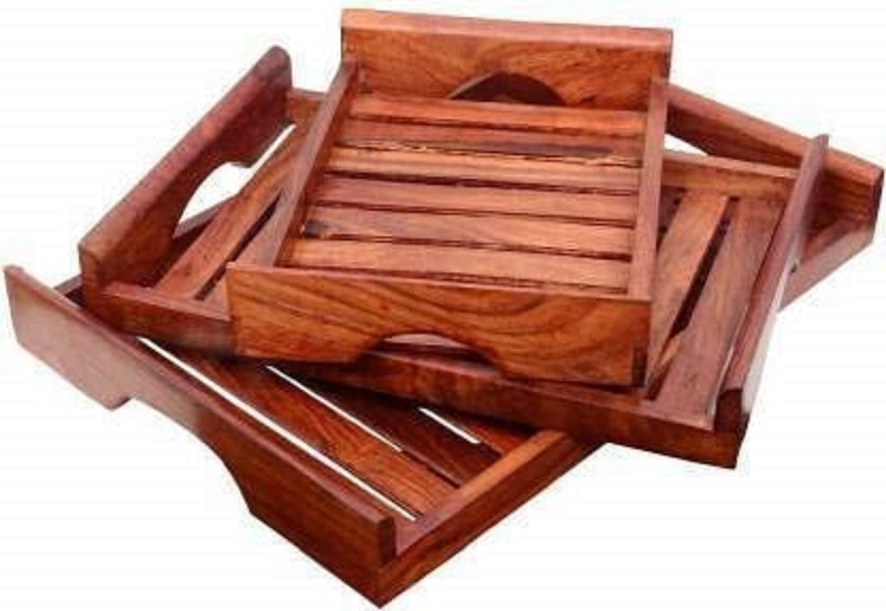 Saif Handicrafts Wooden Tray Set Of 3 | Serving Tray For Breakfast, Tea Serving, Table Dcor | Serving Platters | Decorative Tray