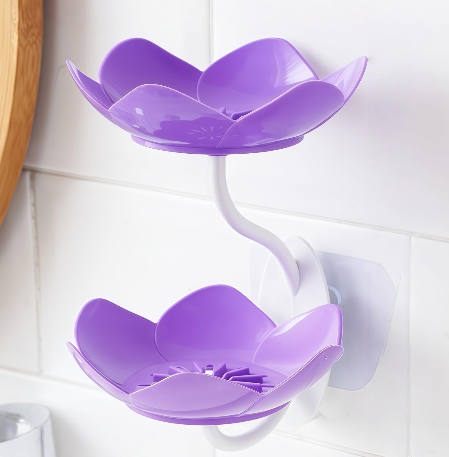 Soap Dish Holder for Shower Bar Double Layer Cute Lotus Shape Adhesive Tray Sink Wall Mounted Shampoo NO-Drilling Self Draining 