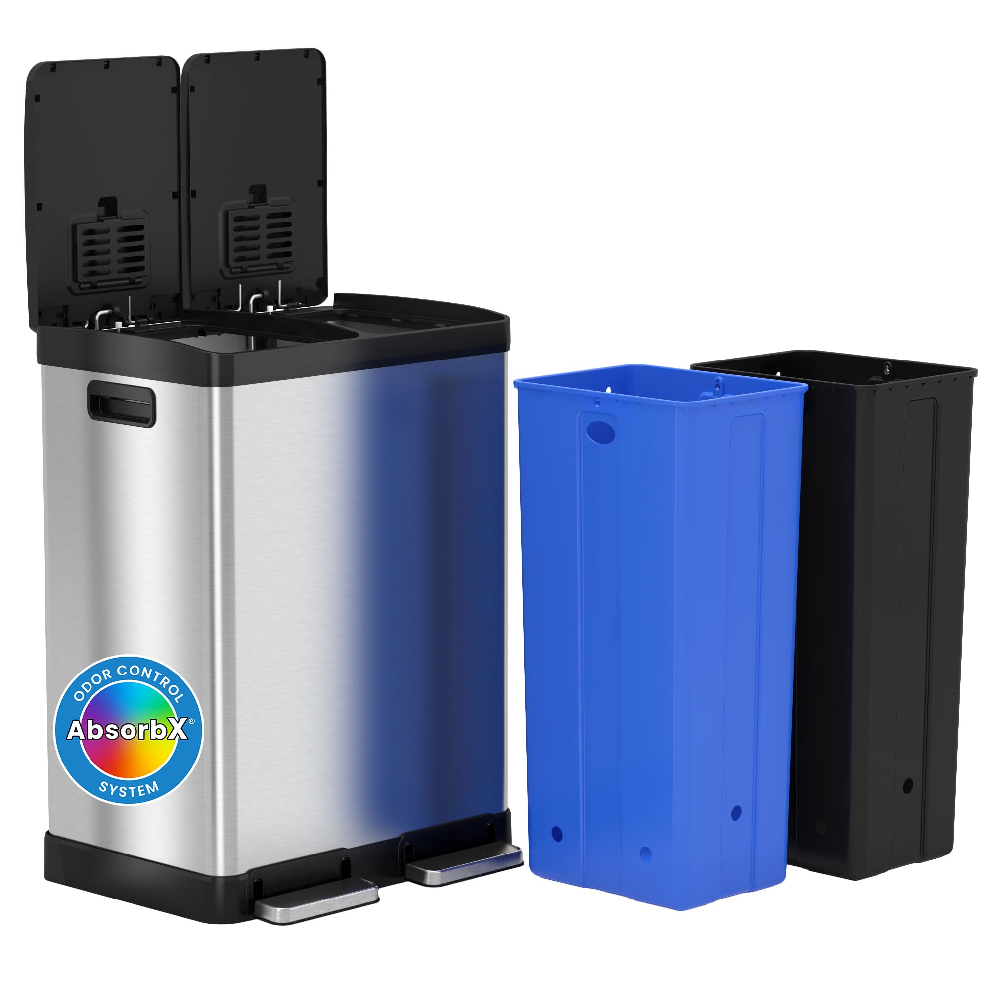 Itouchless 16 Gallon Dual Trash Can And Recycling Bin For Kitchen With Odor Filters, Stainless Steel Trashcan, 2 X 8-Gal (30L) I