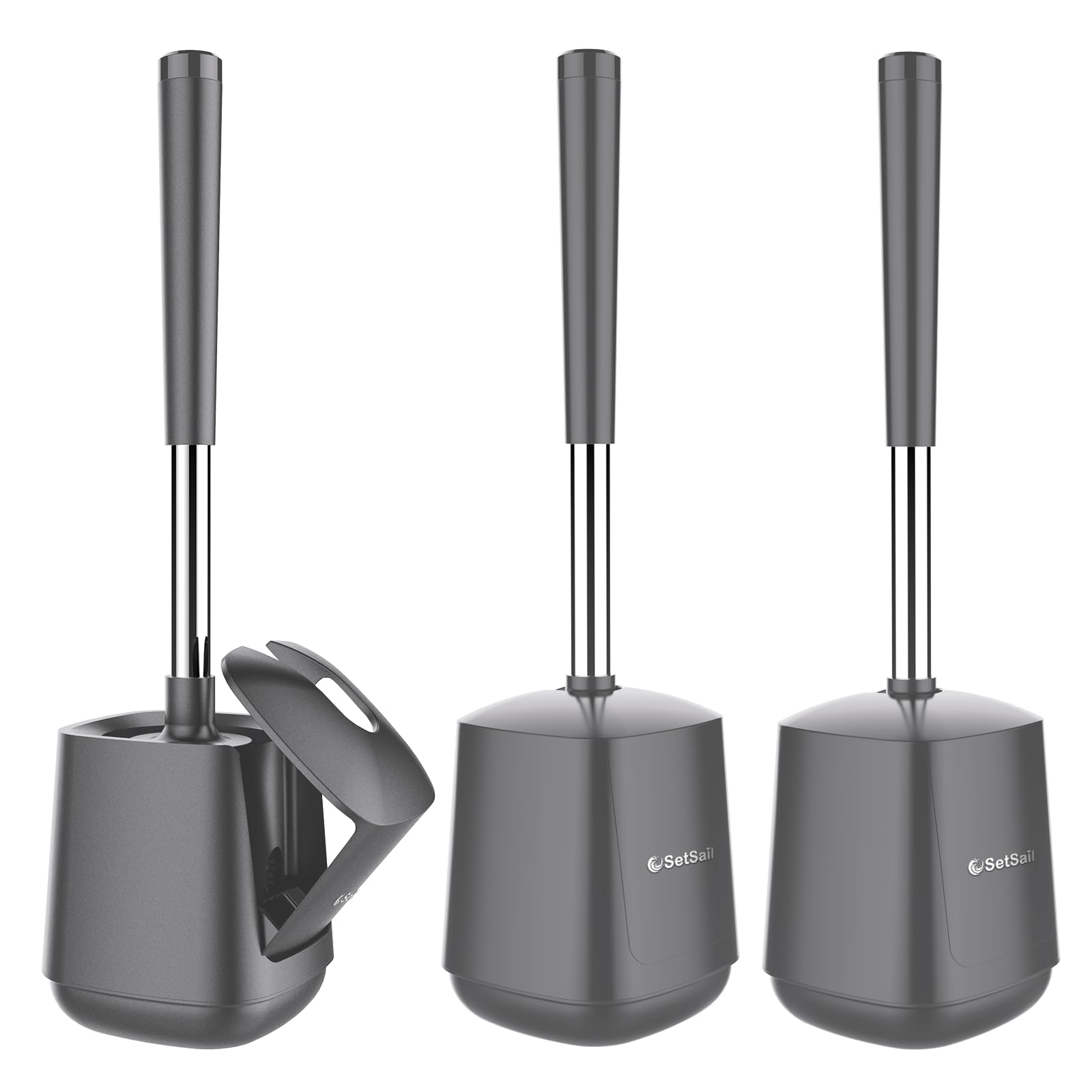 SetSail Toilet Brush and Holder 3 Pack, Self Closing Lid Toilet Bowl Brushes Holder Extra Long Handle Ventilated Toilet Brush Se
