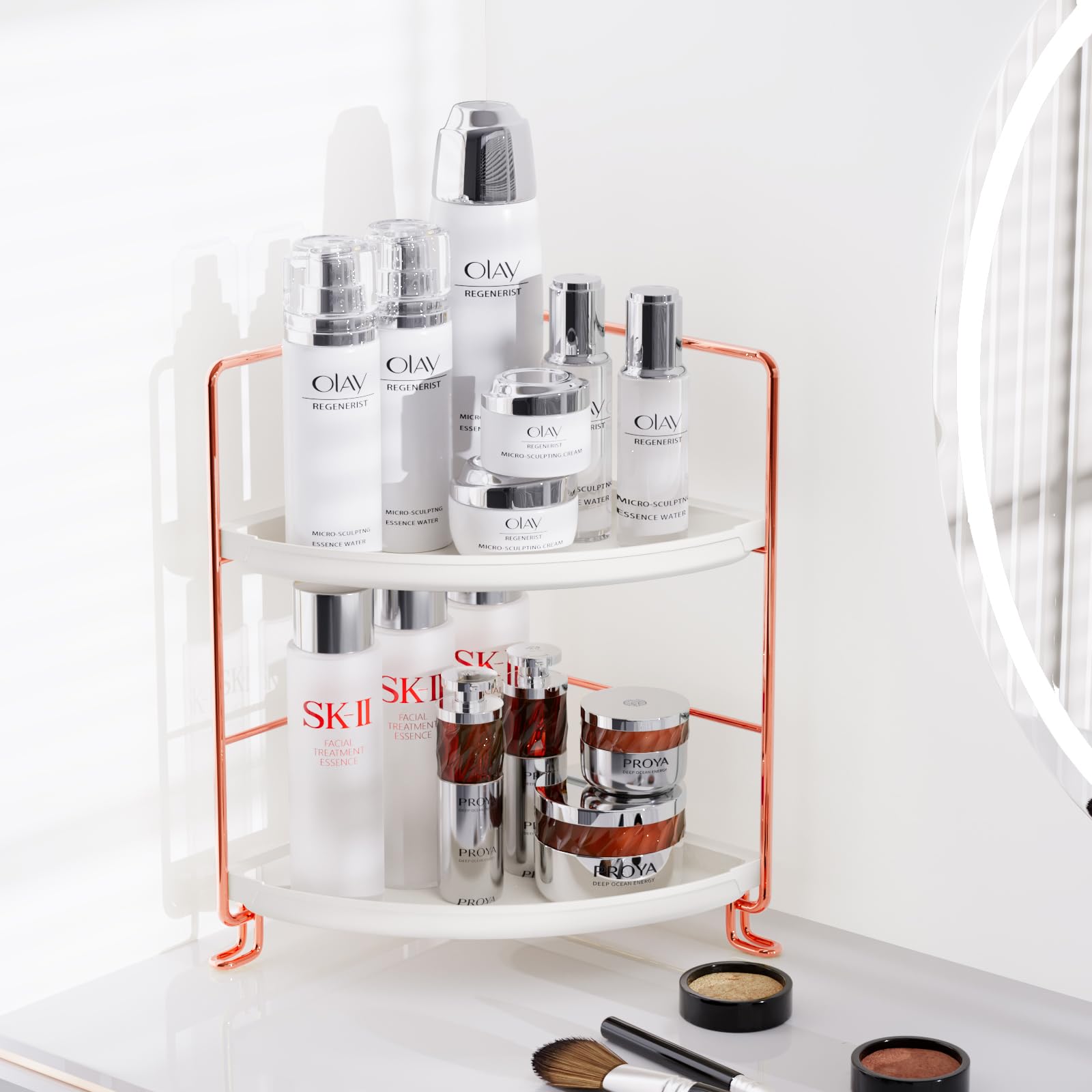 Fsyueyun 2-Tier Corner Bathroom Counter Organizer, Tool-Less Installation Vanity Shelf Small Plastics Countertop Makeup Tray Ski