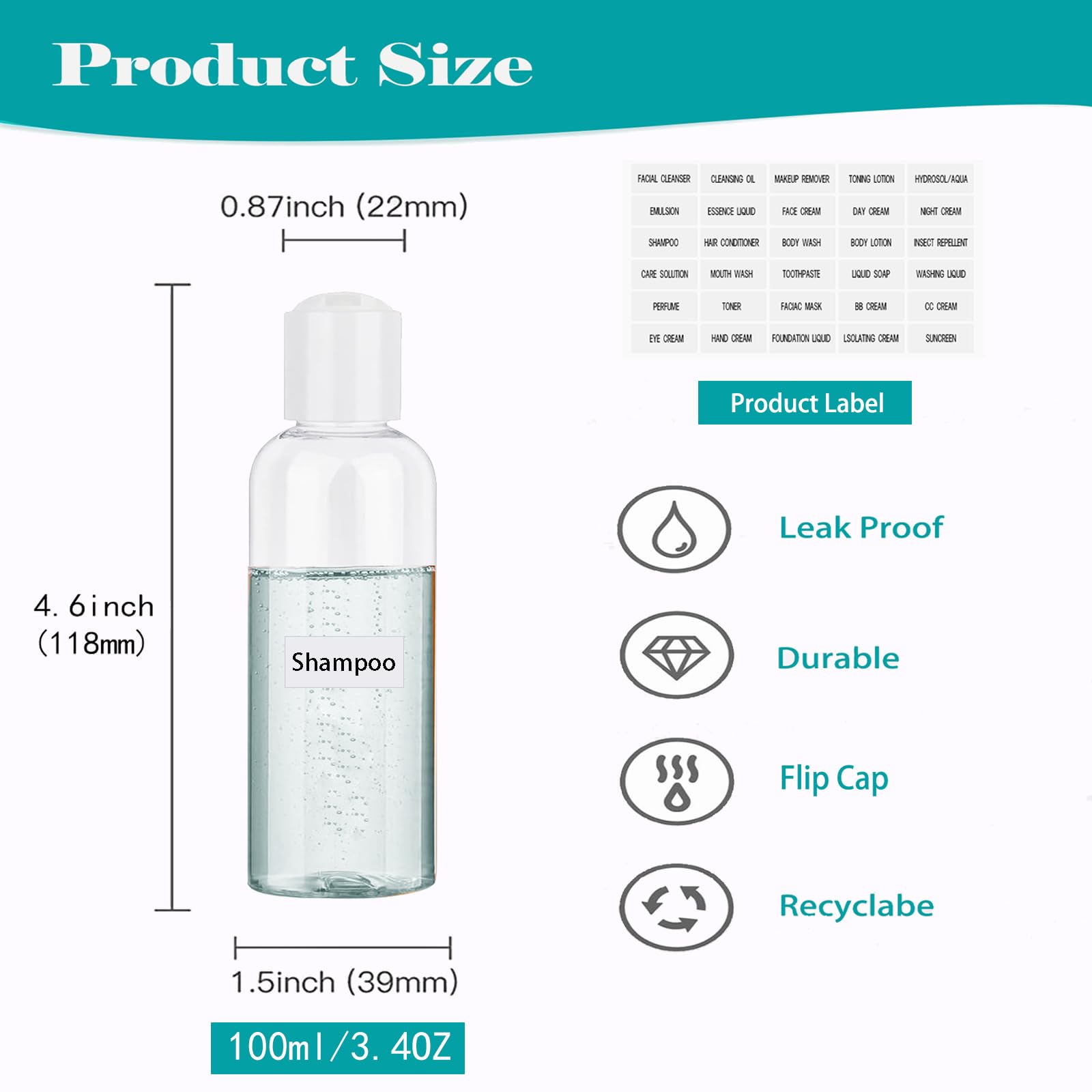 Clear Toiletry Travel Bottles, 3.4Oz/100Ml Tsa Approved Empty Containers With Toiletry Bag - Cosmetic Kit With Labels For Shampo