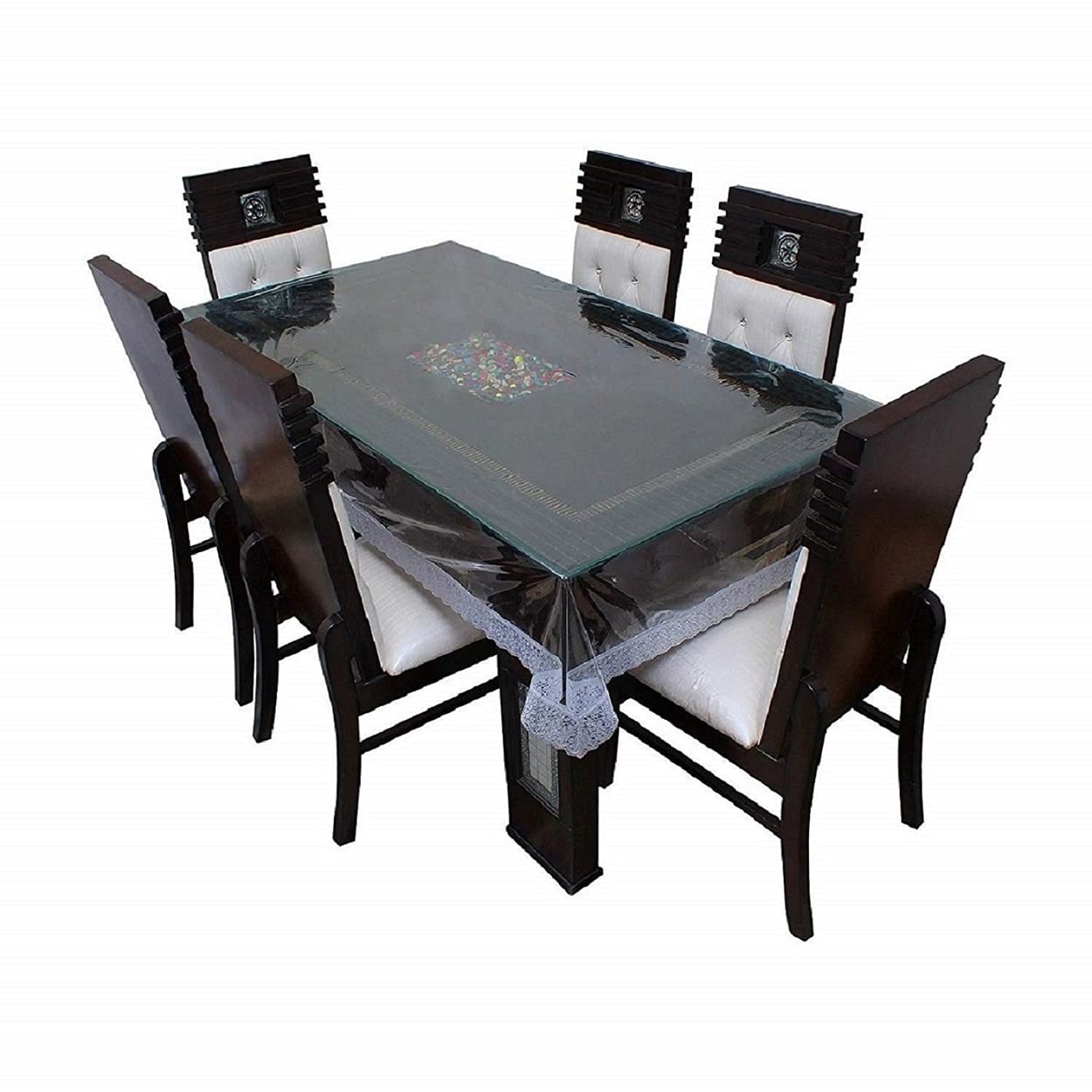 MONKDECOR PVC Transparent 14 Seater Dining Table Cover with Silver Lace(60x140 Inch. Rectangle)