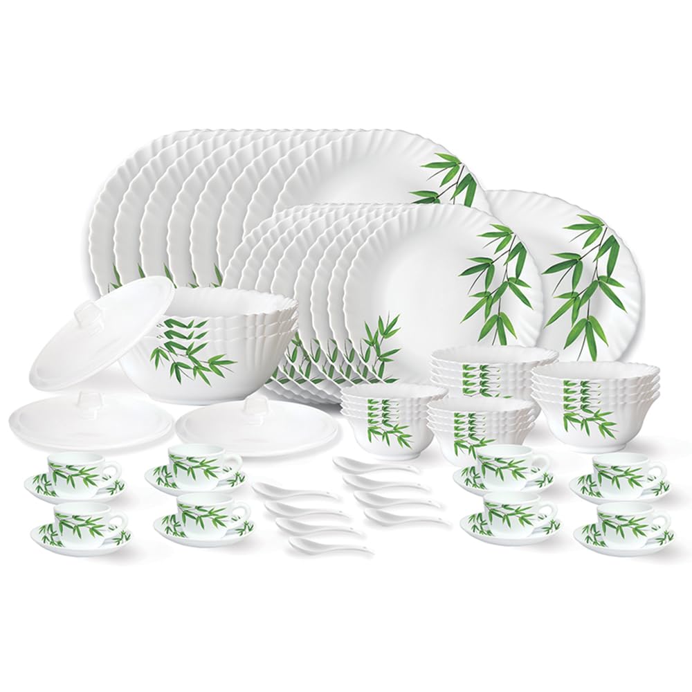Larah By Borosil Bamboo Leaves Fluted Series Opalware Dinner Set | 63 Pieces For Family Of 8 | Microwave & Dishwasher Safe | Bon
