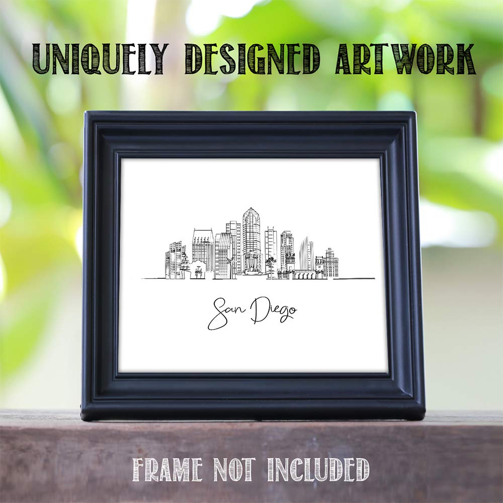 San Diego City, California State City Line Art Skyline Landscape - Usa Travel Adventures & Vacation Cityscape Wall Art Decor- Un