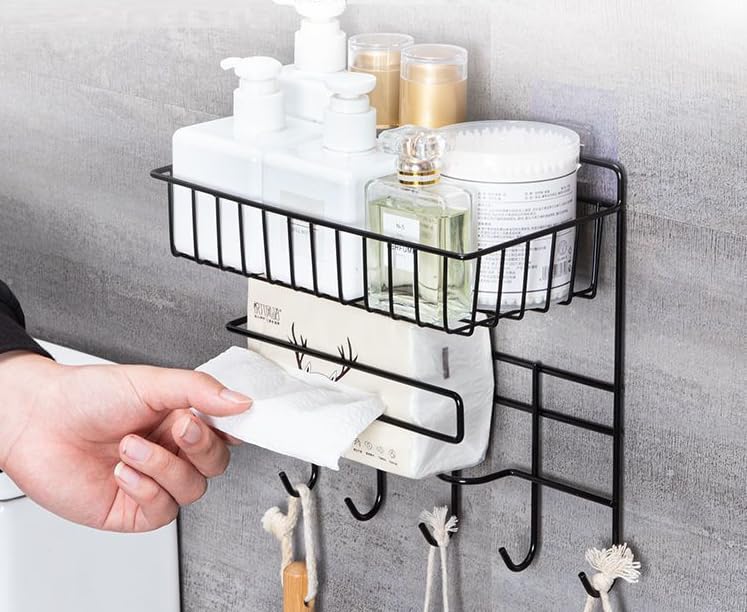 Xenoty 3 In 1 Bathrrom Storage Rack, Wall Shelves For Bathroom & Kitchen With Towel Tissue Holder And Hanging Hooks, Kitchen Spi