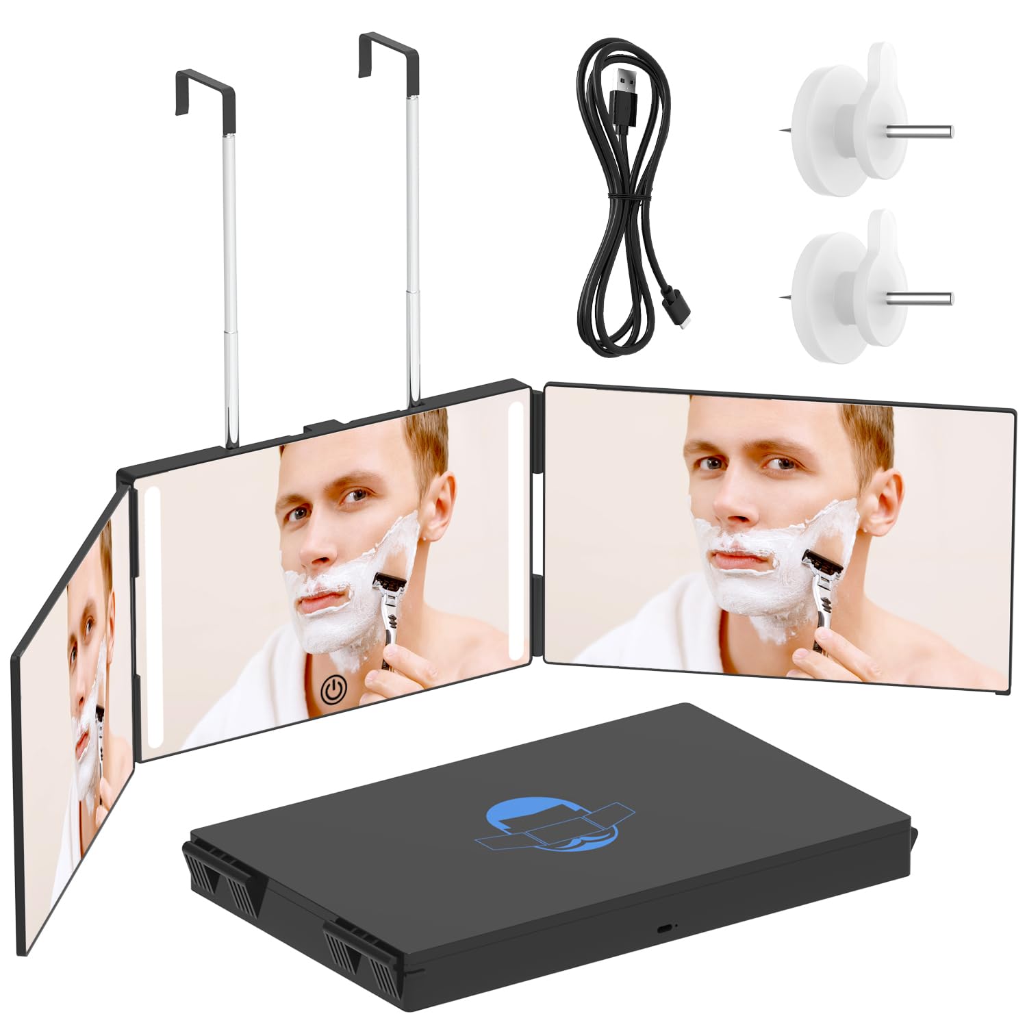 Olibuy 3 Way Mirror With Led For Hair Cutting, Tri-Fold Mirror For Shaver And Makeup, Adjustable Telescoping Hooks-With Led Vers