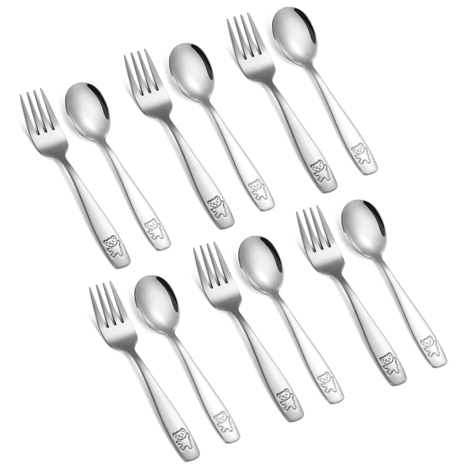 Pimoys 12 Pieces Kids Silverware Toddler Utensils Kids Forks and Spoons Set, Metal Toddler Cutlery Stainless Steel Childrens Fla