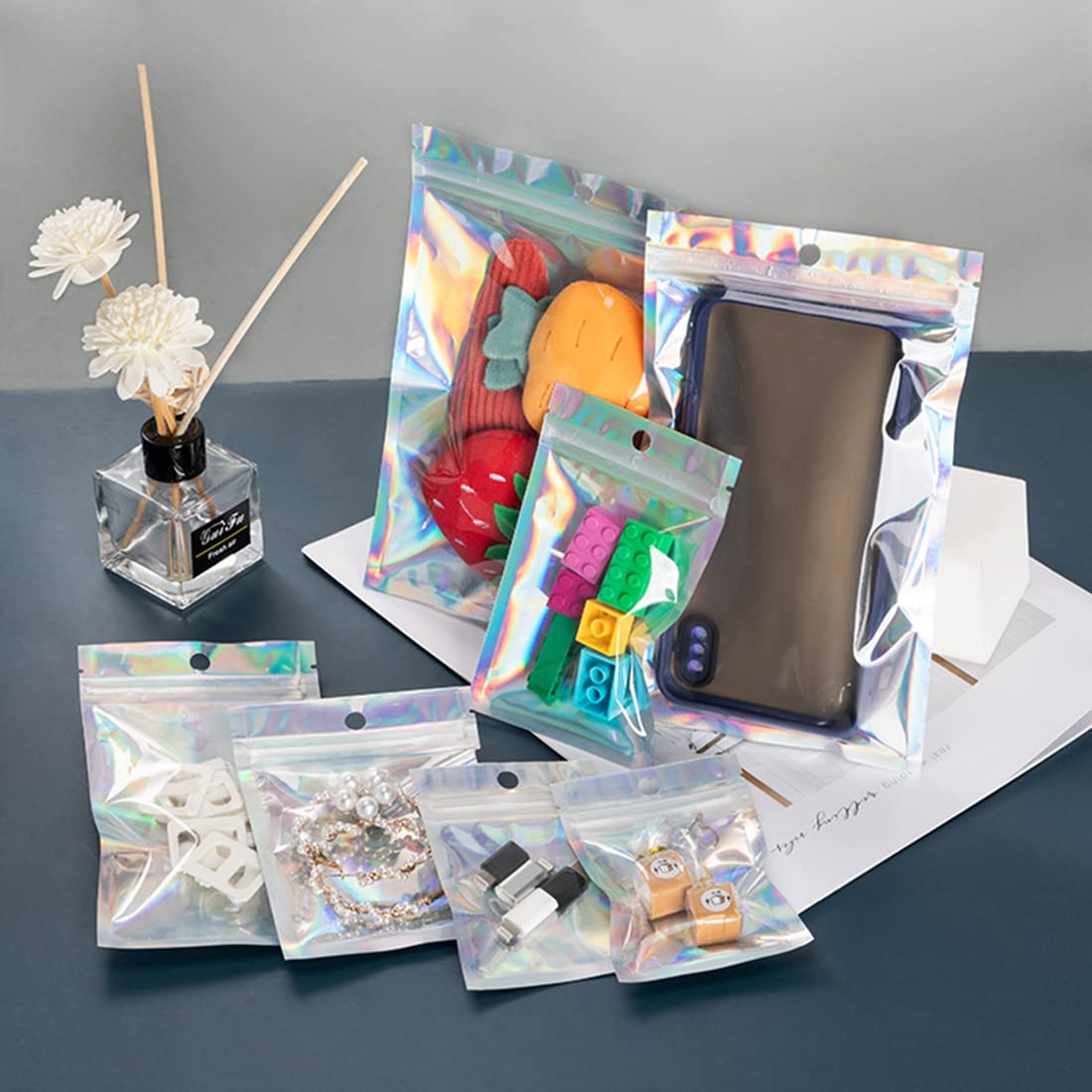 Egticlive 100 Pack Resealable Holographic Bags For Small Business, 4 X 6'', Iridescent Mylar Bags With Clear Front Ziplock Foil