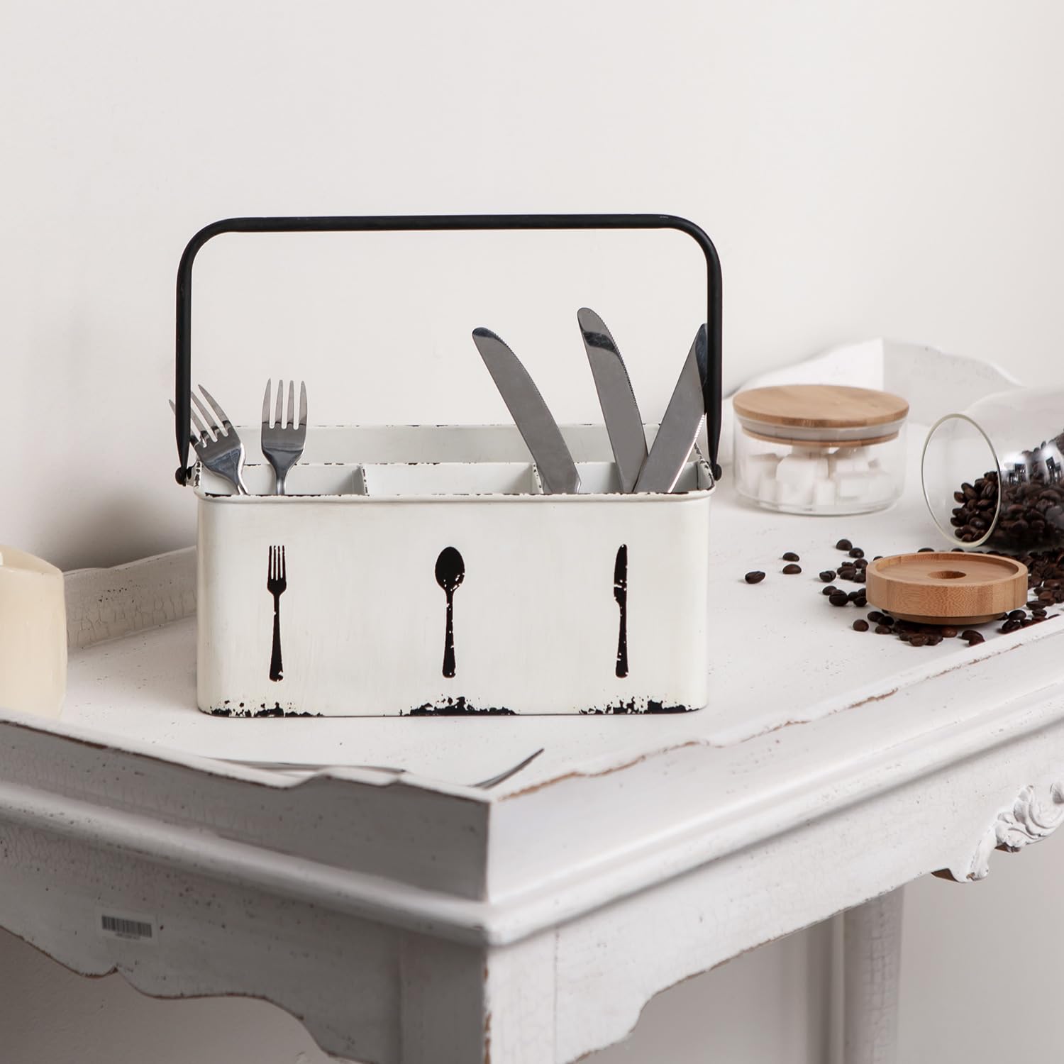 Nikky Home Utensil Caddy, Farmhouse Rustic Metal Cutlery Silverware Caddy With 4 Compartments, Flatware Holder Organizer For Kit