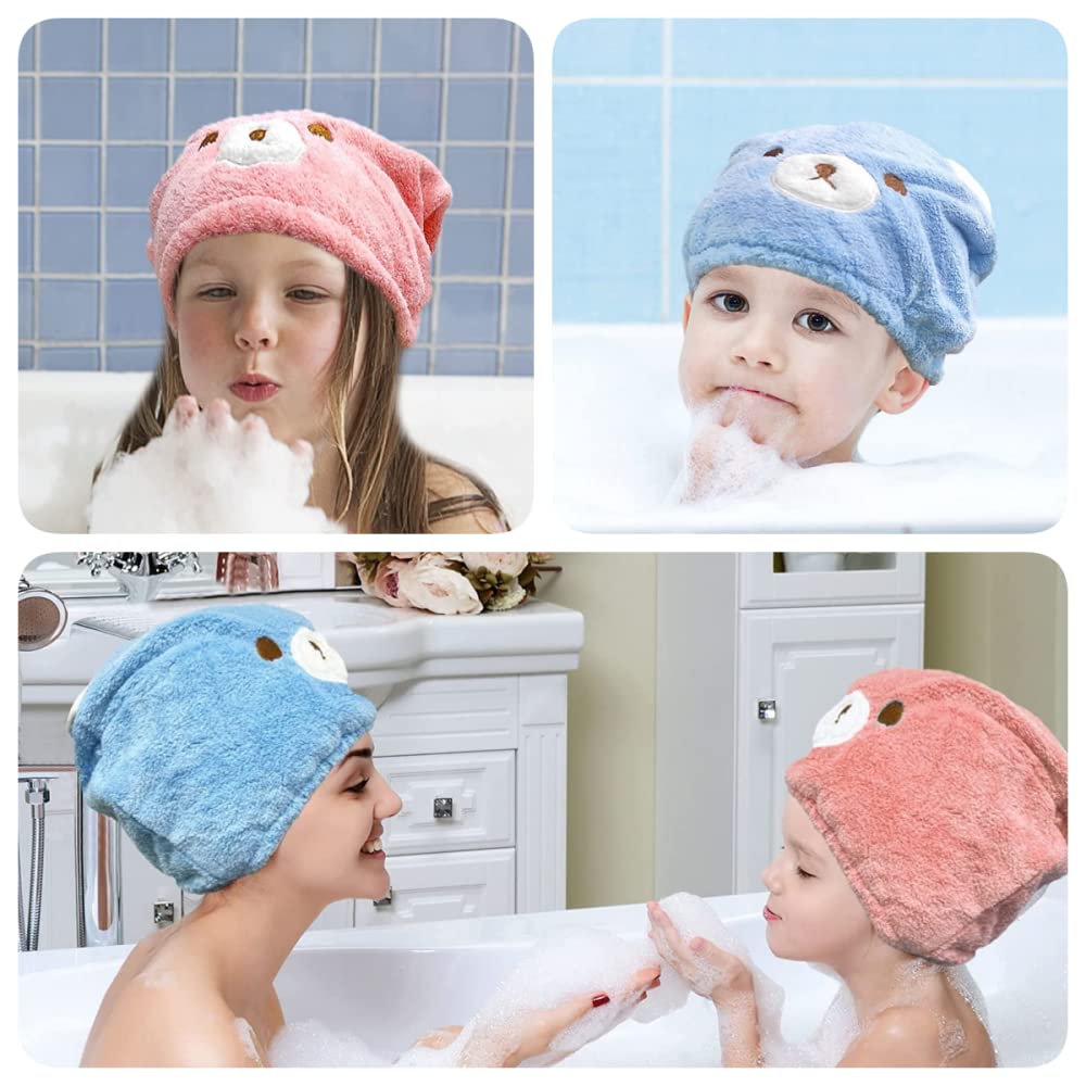 JLEivvi 2PCS Hair Towel Wrap Cute Bear Dry Hair Caps Hair Drying Wrap Towel Bath Head Wrap Drying Turban Cap for Women, Girls, C