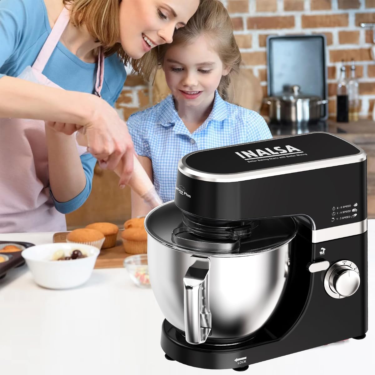 INALSA Stand Mixer 1200W|Pure Copper Motor|5.3L SS Bowl With Splash Guard|Metal Gears for Extra Durability|Accessories Included|