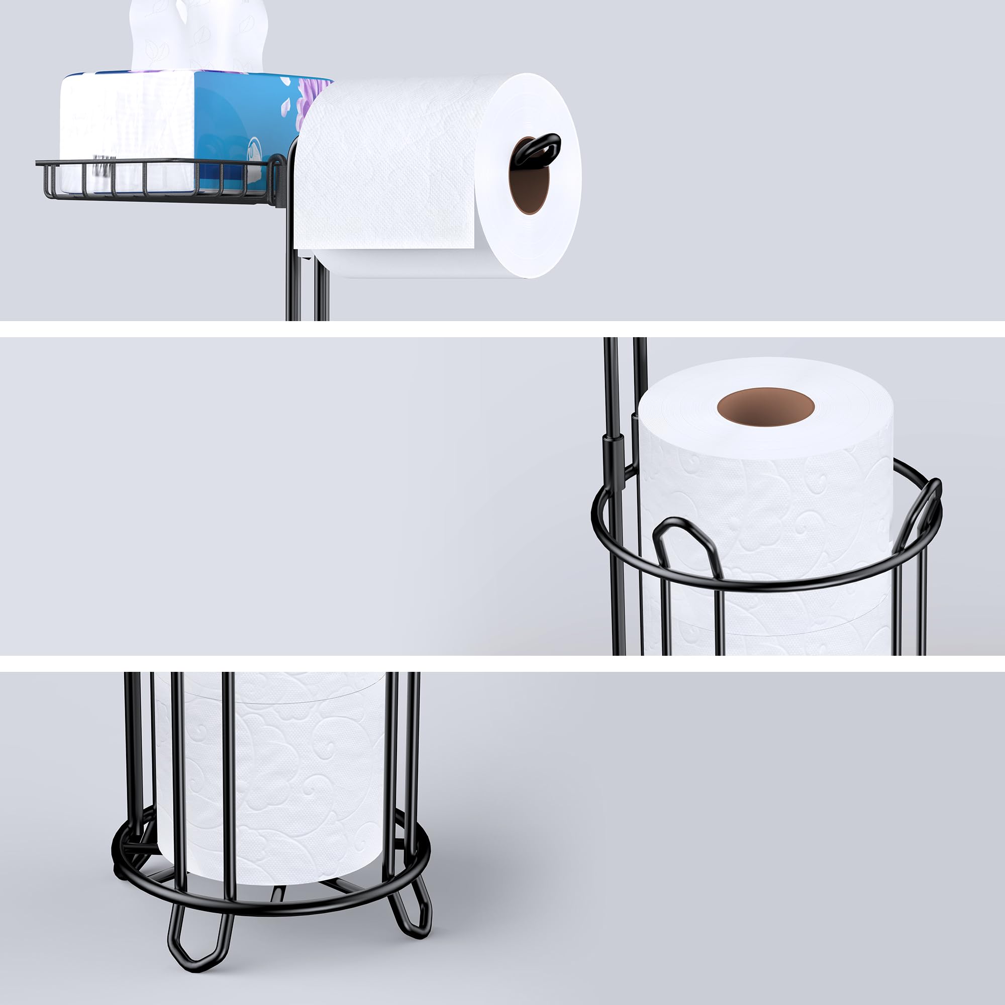 Meangood Toilet Paper Holder Stand With Shelf, Dispenser For 4 Mega Rolls, Bathroom Free Standing Tissue Roll Storage Holder Rac