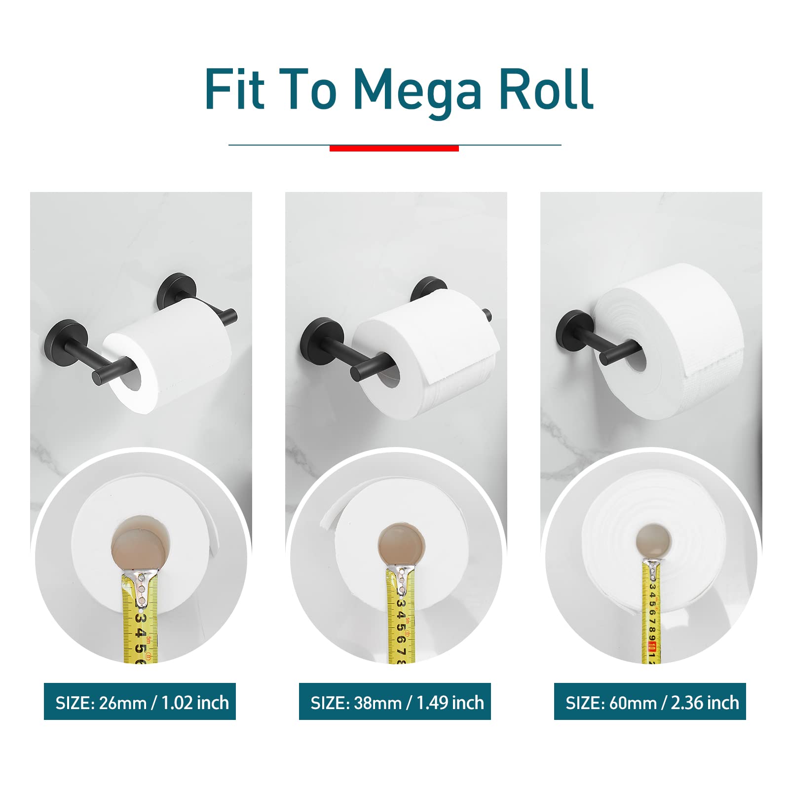 POKIM Black Toilet Paper Holder - Metal Bathroom Flexible Pivoting Tissue Handle on Wall Mounted  SUS 304 Stainless Steel Adjustable TP Large Mega Roll Holder for Wooden Cabinet Classic Matte