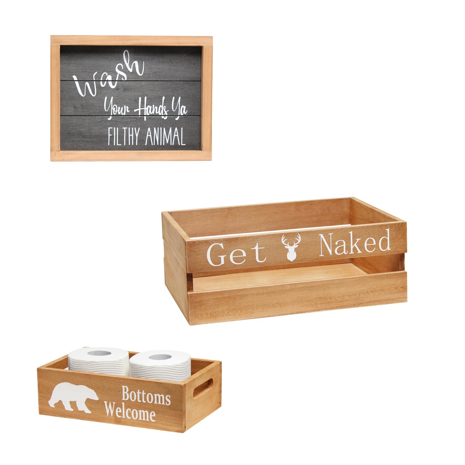 Elegant Designs HG3000-NCL Three Piece Decorative Wood Bathroom Set, Large, Cabin/Lodge/Rustic (1 Towel Holder, 1 Frame, 1 Toile