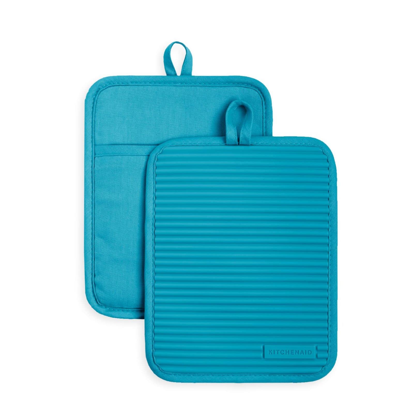KitchenAid Ribbed Soft Silicone Pot Holder 2-Pack Set, Ocean Drive Blue, 7x9