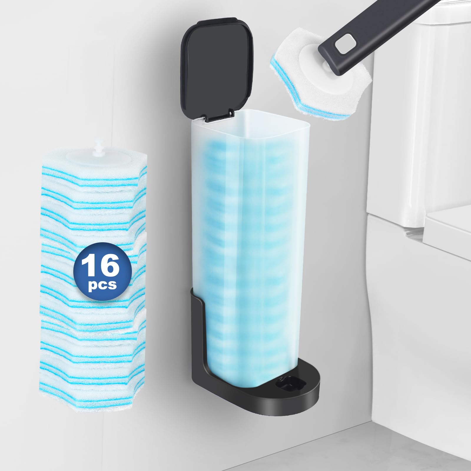 Squish Disposable Toilet Brush With 16 Cleaner Refills, Toilet Bowl Cleaners Brush And Holder, Wall Mounted Toilet Brushes With