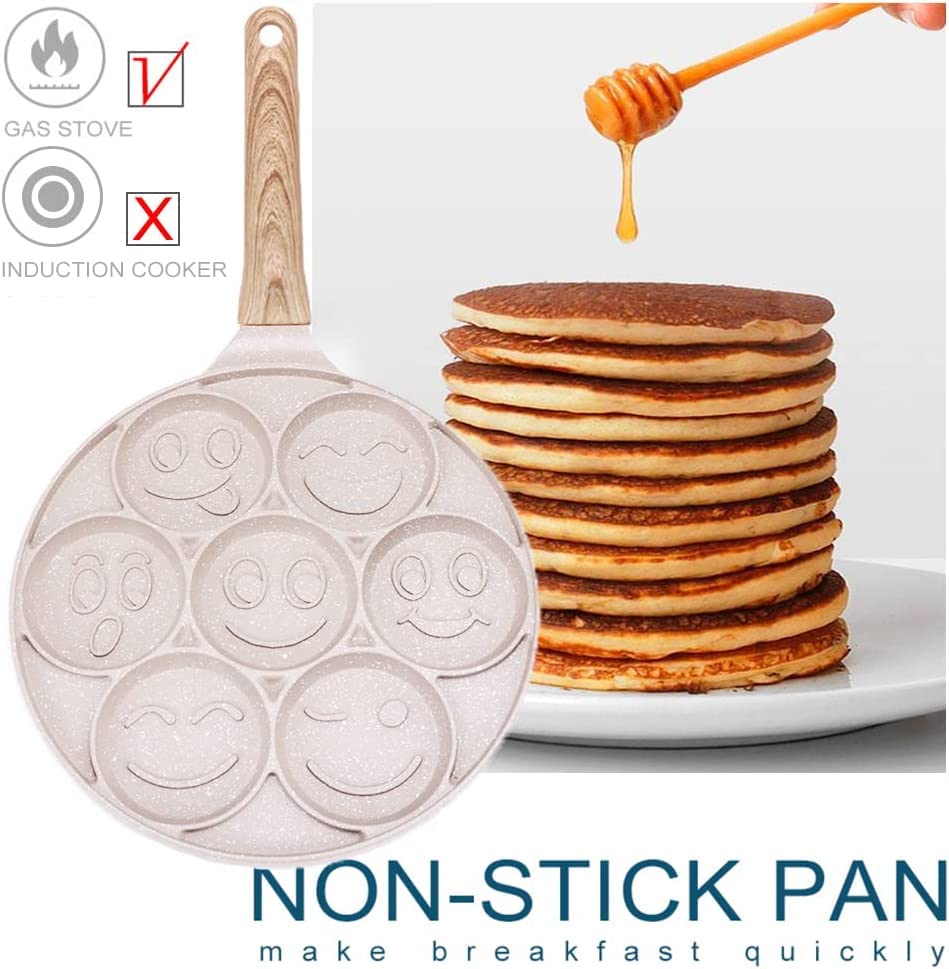 Bobikuke Smiley Face Pancake Pan - 10 Inch Mini Pancakes Maker With 7-Cup Mold Blini Pan Silver Dollar Pancake Pan Pancake Pan N