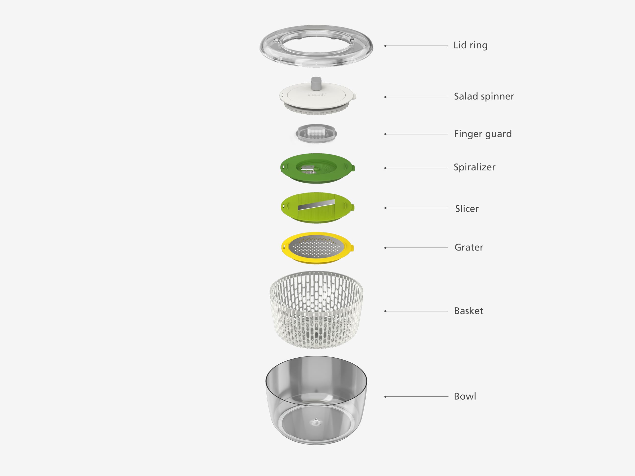 Joseph Joseph Multi-Prep 4-Piece Salad Making Set, Multi-Color, Salad Spinner, Spiral Cutter, Slicer And Grater, Compact Storage