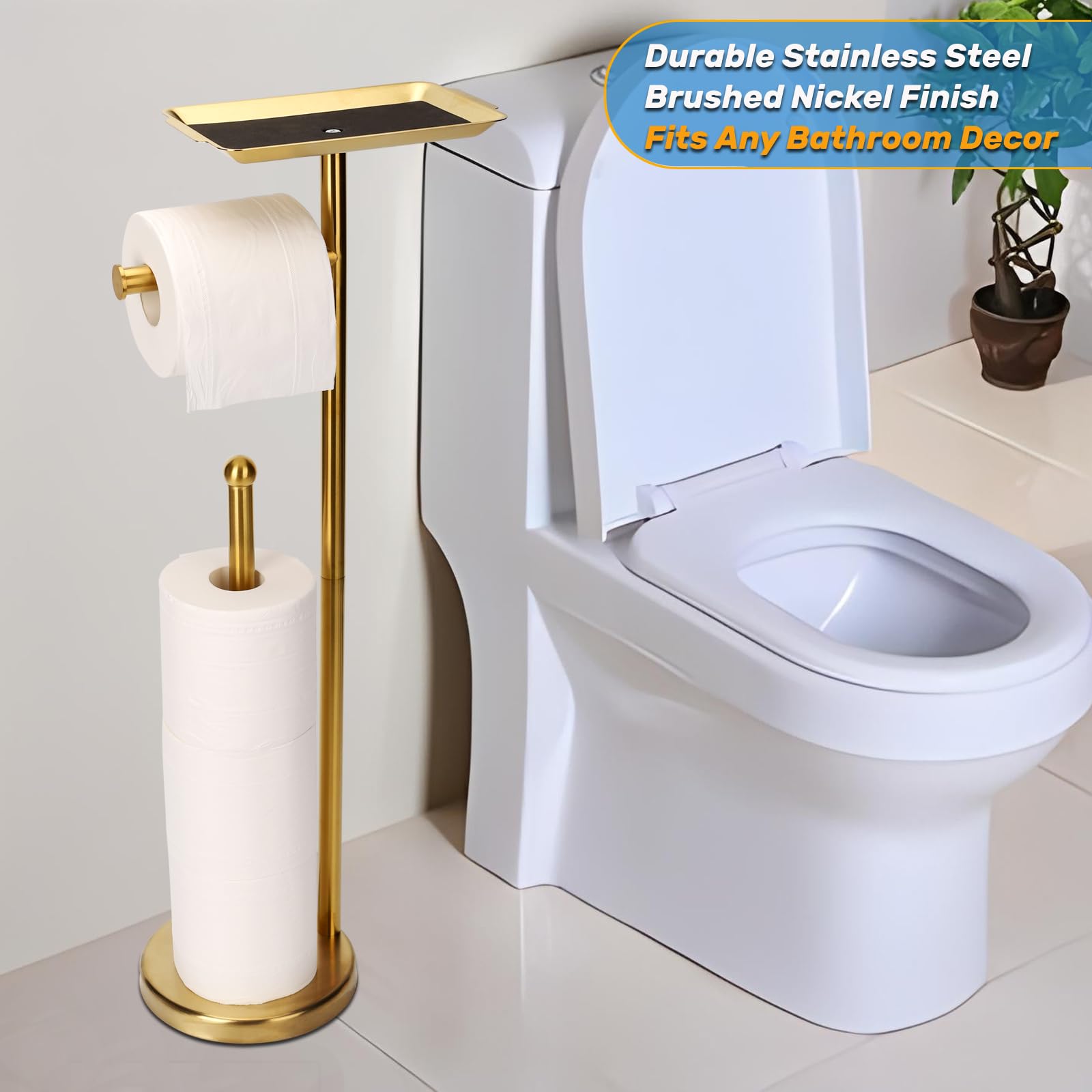 Exilon Toilet Paper Holder Stand For Bathroom Floor Freestanding Toilet Roll Dispenser Storages 4 Reserve Rolls, With Top Storag