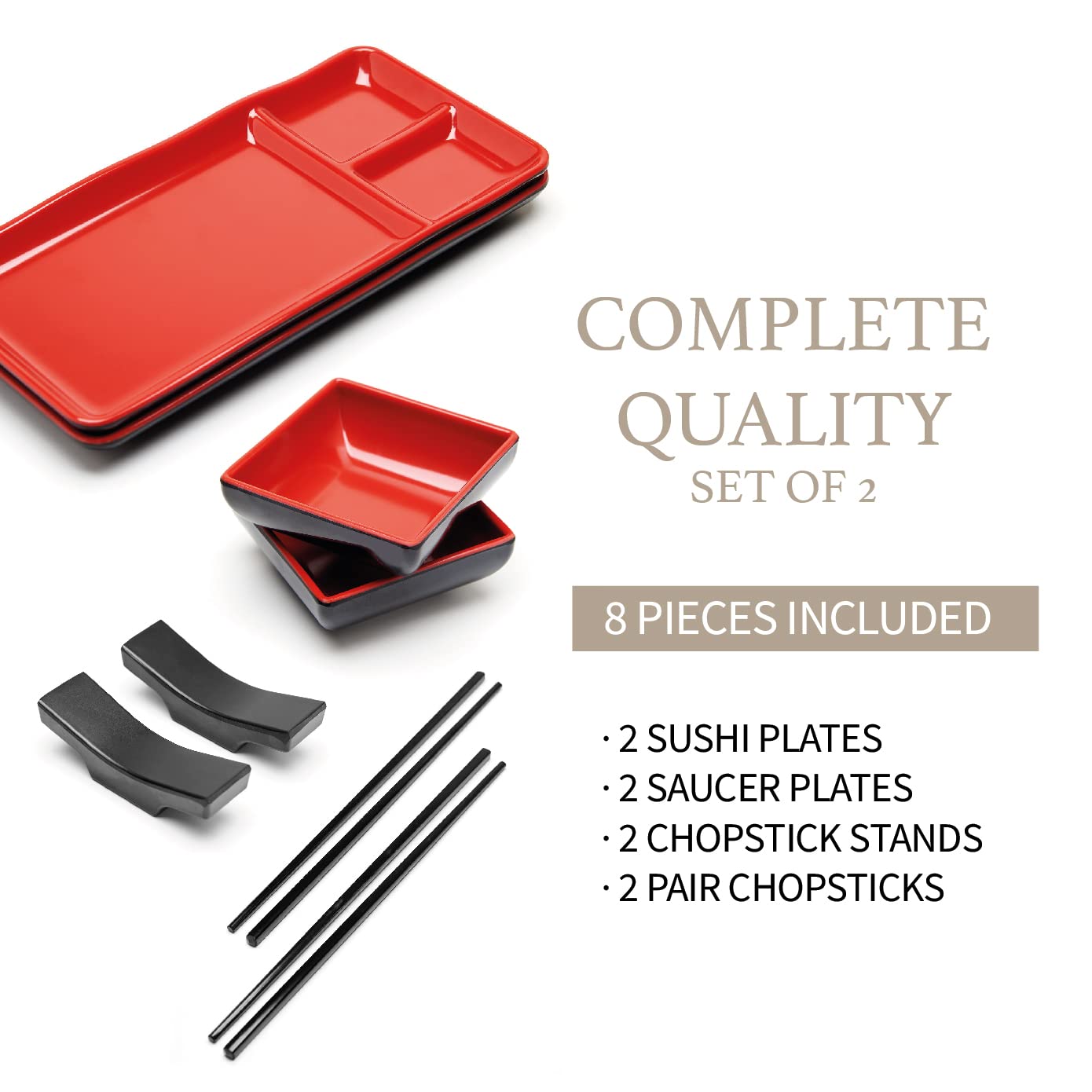 Goliber 8 Piece Japanese Style Sushi Plate Dinnerware Set - Includes 2 Sushi Plates, 2 Sauce Dishes, 2 Pairs Of Chopsticks, 2 Ch
