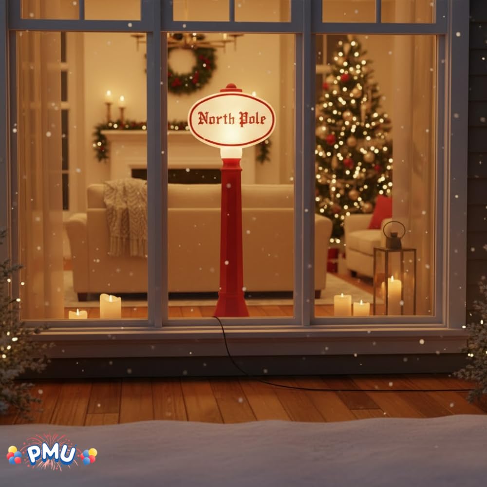 PMU Christmas Light-Up North Pole Sign - Plastic Blow Mold Statue Illuminated with 6 Cord and Light - Perfect Decor for Street,