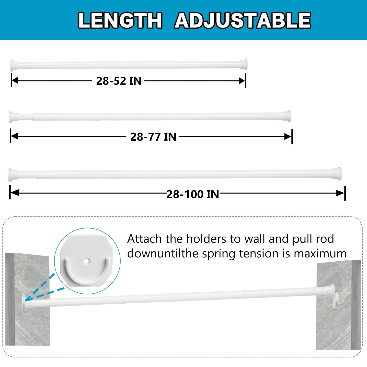 Closet Rod - 30-50 Inches, No Drilling Closet Rod Extender Hanging - White Adjustable Clothes Hanging Bar, With Holder For Close