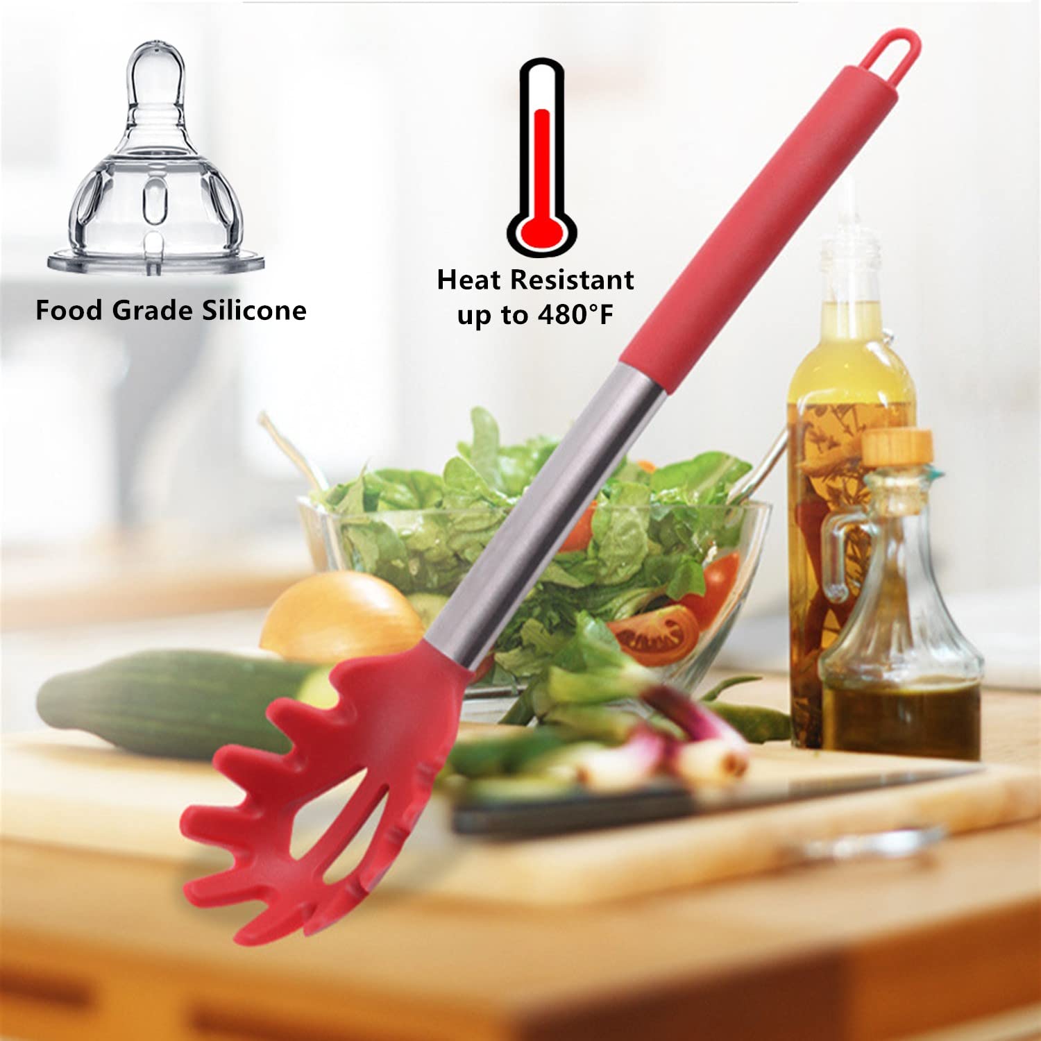 Jxjyzln Silicone Pasta Fork,Spaghetti Spoon Kitchen High Heat Resistant Noodle Spoon Server,Food Grade Pasta Spoon With Stainles
