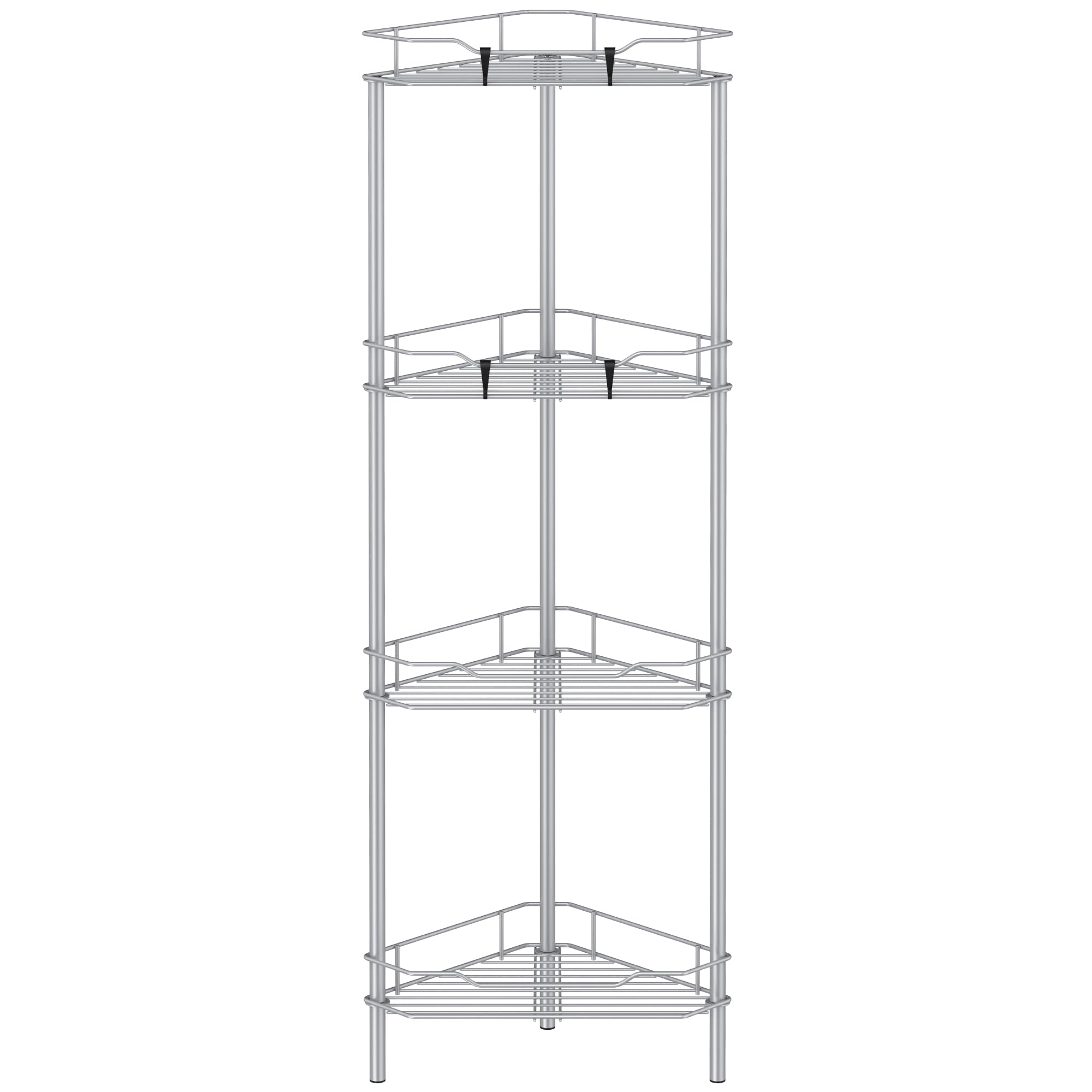 Huggiegems 4 Tier Floor Standing Corner Shower Caddy Organizer Shelf With Hooks, Bathroom Shelves Stand Rack, Silver