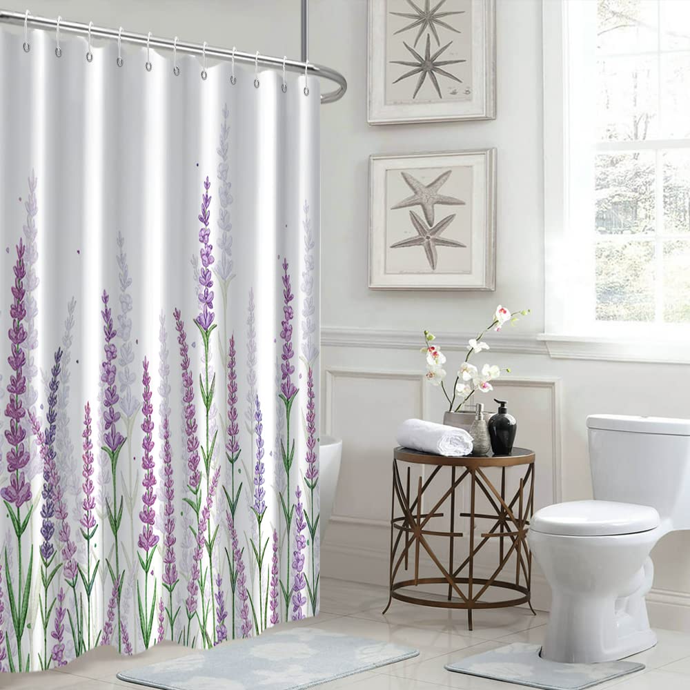 Ruelvth Purple Shower Curtain, Lavender Shower Curtain For Bathroom Waterproof Fabric Spring Plant Leaves With Floral Shower Cur