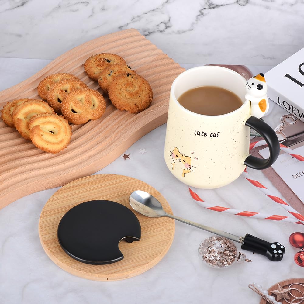 Ceramic Coffee mug,Cute Cat Handmade Tea Cups, with Lid and Stainless Steel Spoon,Unique Hot chocolate Novelty mugs, Christmas,