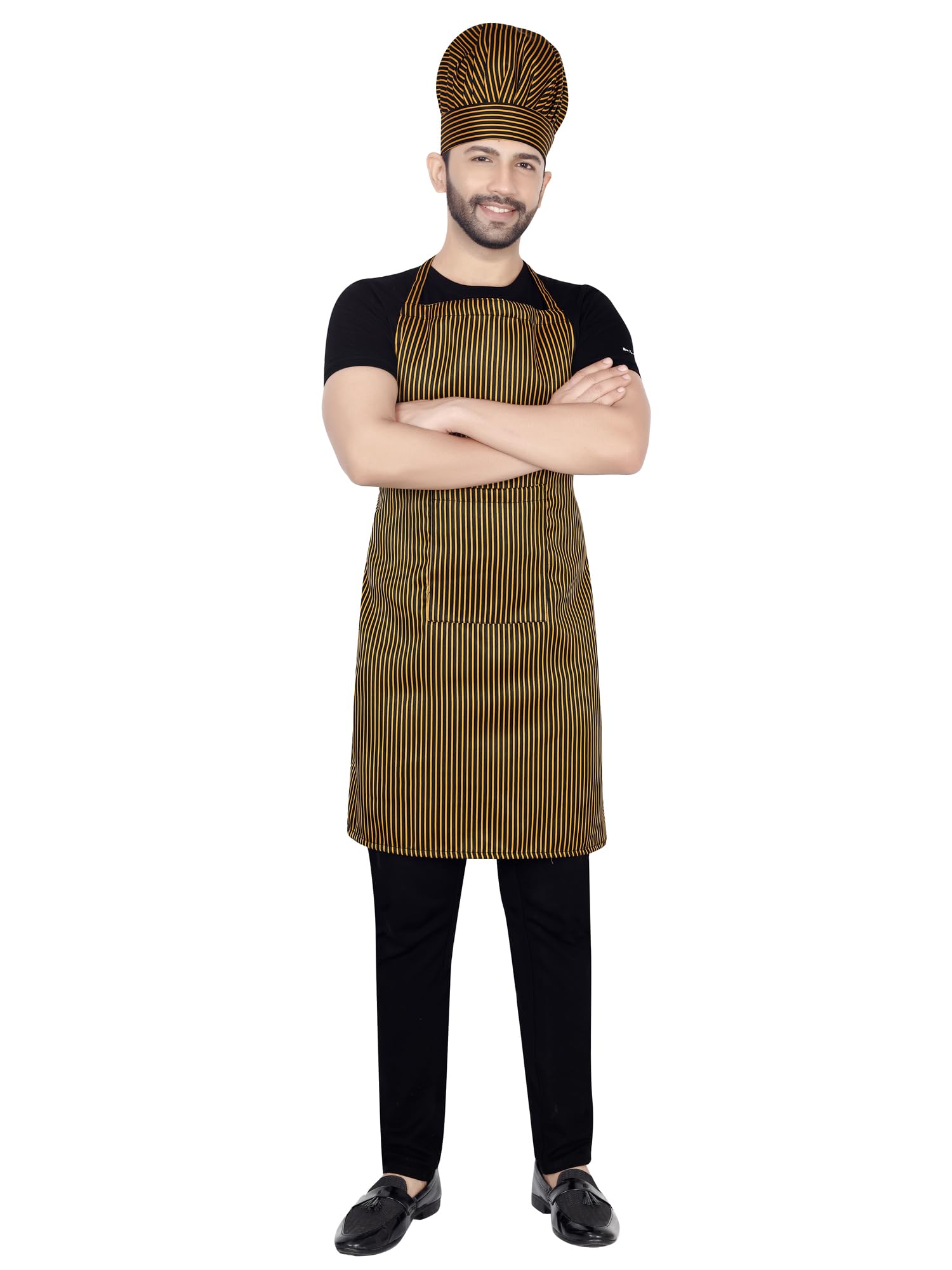 Abc Garments Polycotton Solid Strap Free Size ChefS Cooking Kitchen Apron With ChefS Cap 23X30 Inch (57X77Cm) (Yellow And Bl